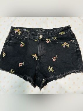 Arizona Jean Company Black Denim Shorts with Pink & Cream Floral Embroidery